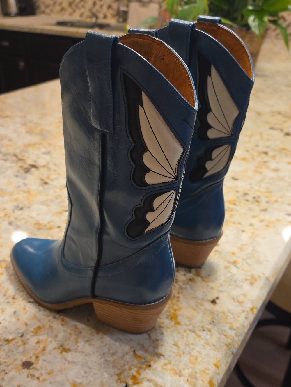 BEAST FASHION Teal-Blue Western Mid-Calf Boots with Wing Inlay